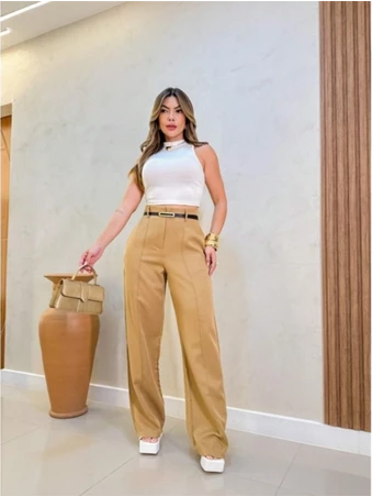 Calça Social Feminina Zara Modelo Pantalona Alfaiataria Com Cinto Lançamento Moda Zara elegância premium