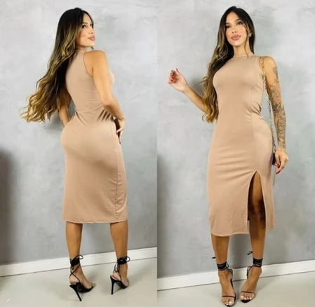 Vestido Regata Midi Feminino Fenda Frontal Moda Blogueira/ Moda Gringa