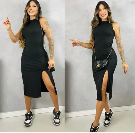 Vestido Regata Midi Feminino Fenda Frontal Moda Blogueira/ Moda Gringa