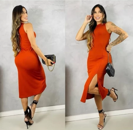 Vestido Regata Midi Feminino Fenda Frontal Moda Blogueira/ Moda Gringa