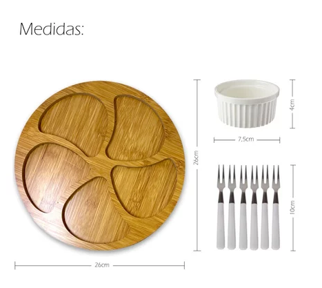 Kit Petisqueira Redonda Para Frios Queijo Com Molheira Ramekin e Garfinhos para Petiscos